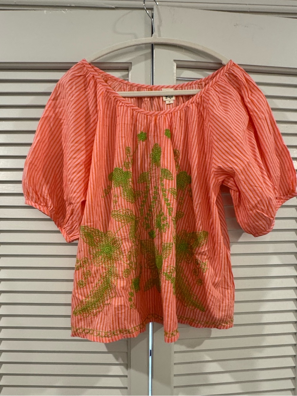 ivy jane Coral Striped Peasant Top with Green Floral Embroidery